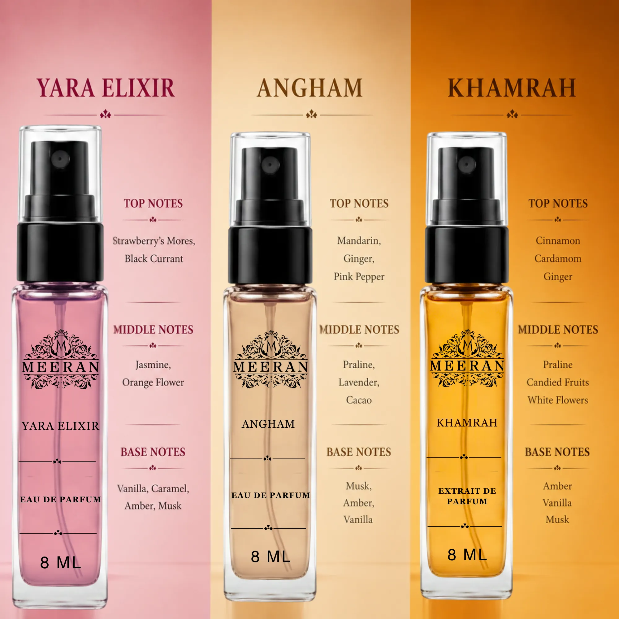  Yara Elixir, Angham & Khamrah (8 ml×3) | Long Lasting Fragrance Gift Set For Women | Travel Perfum | Mini Perfume Set For Women | Luxury Perfume Trio