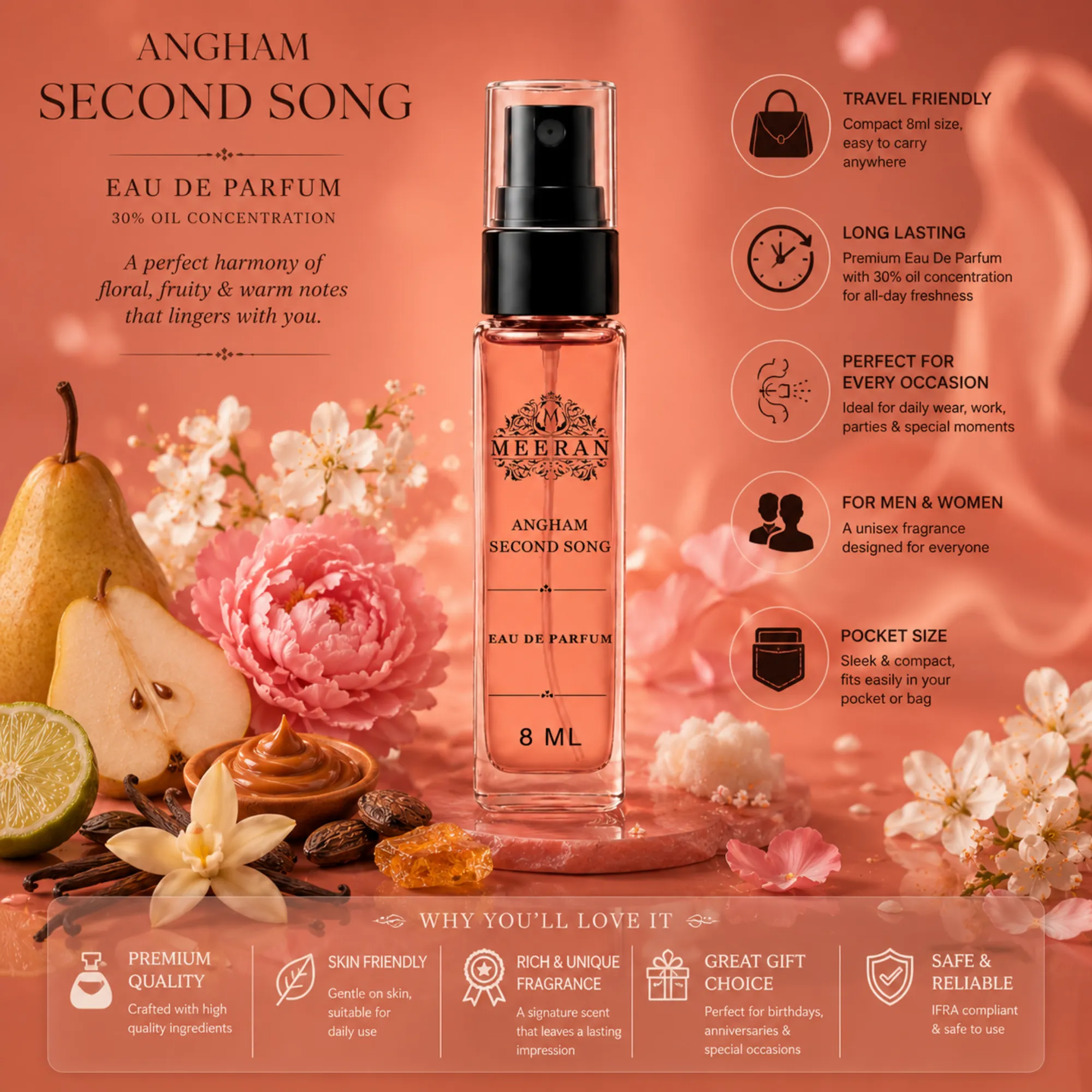  Angham Second Song Style Fragrance (8ML) | Long Lasting Eau De Parfum for Women | Premium Pocket Perfume | Travel Size Floral Fruity Vanilla Scent