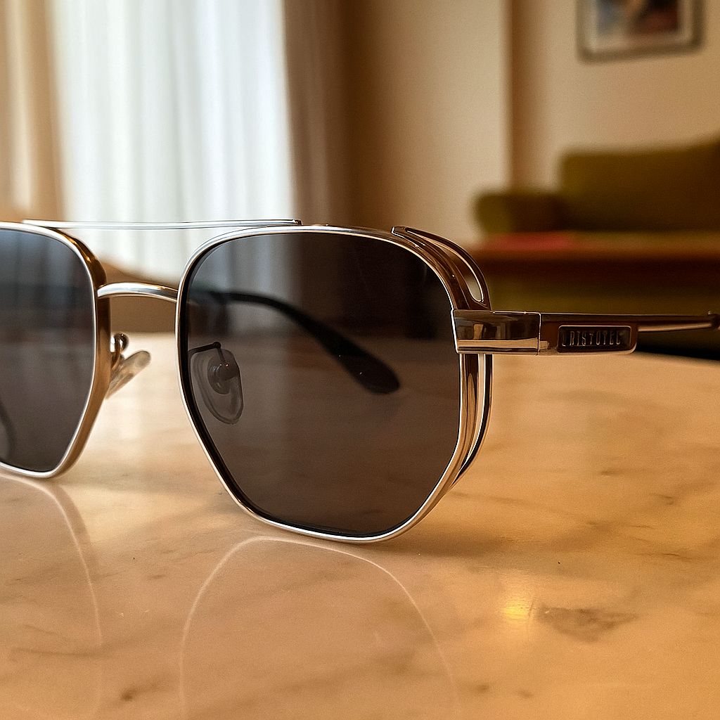 Meeran polo sunglasses with blue lenses and a black/silver frame, featuring UV protection