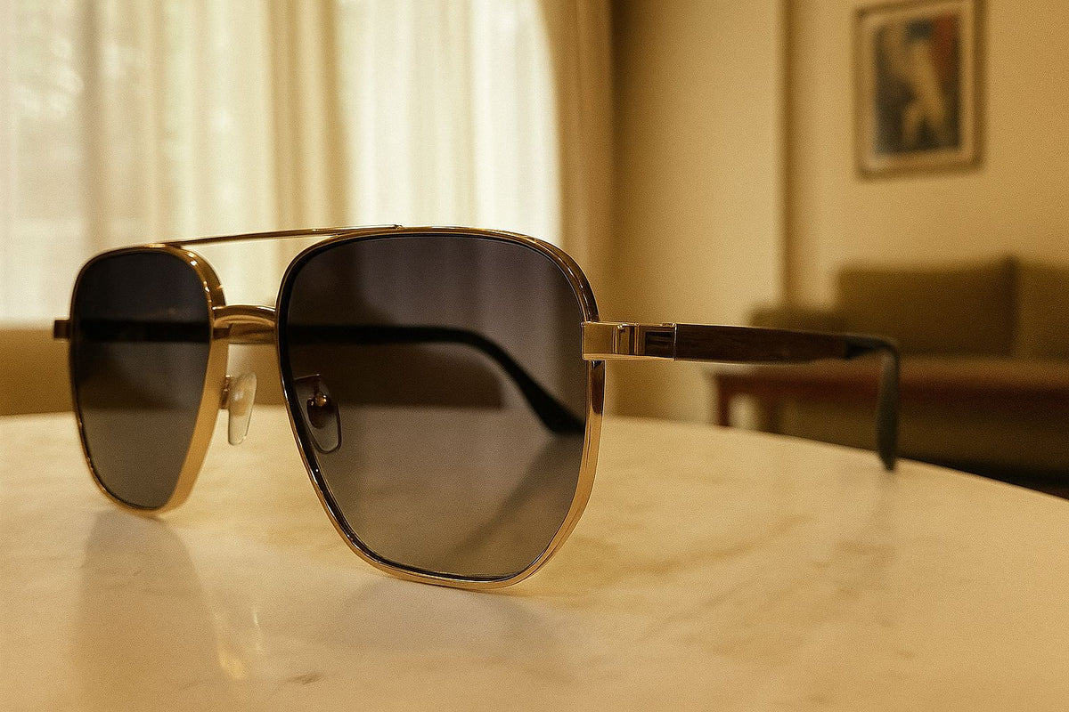 Meeran polo sunglasses with black lenses and a black/gold frame, featuring UV protection