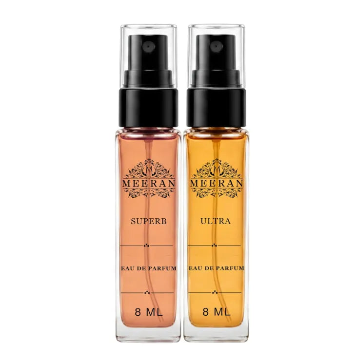 Meeran SUPERB & ULTRA Perfume Gift Set for Men & Women | 2 x 8ML Long Lasting Luxury Eau De Parfum | 30% Oil Concentration | Pocket Travel Perfume Combo