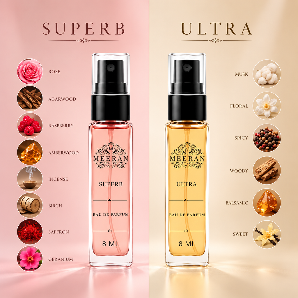 Meeran SUPERB & ULTRA Perfume Gift Set for Men & Women | 2 x 8ML Long Lasting Luxury Eau De Parfum | 30% Oil Concentration | Pocket Travel Perfume Combo
