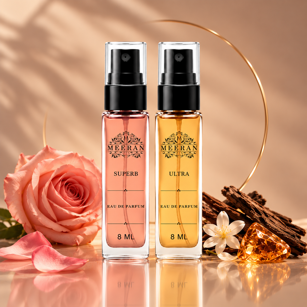 Meeran SUPERB & ULTRA Perfume Gift Set for Men & Women | 2 x 8ML Long Lasting Luxury Eau De Parfum | 30% Oil Concentration | Pocket Travel Perfume Combo