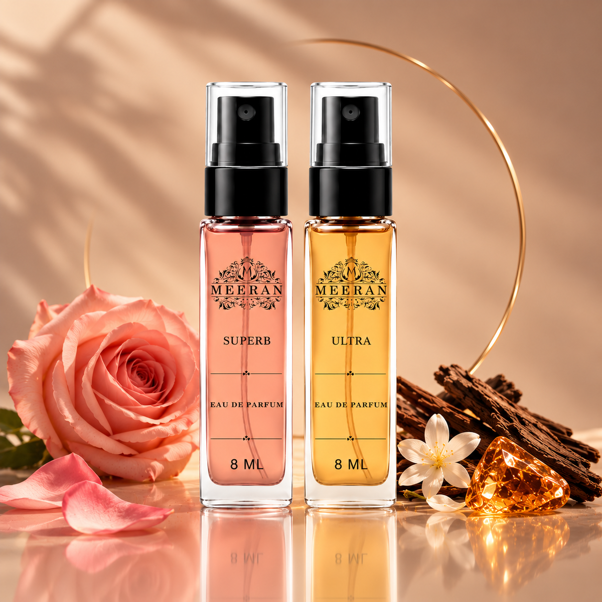 Meeran SUPERB & ULTRA Perfume Gift Set for Men & Women | 2 x 8ML Long Lasting Luxury Eau De Parfum | 30% Oil Concentration | Pocket Travel Perfume Combo