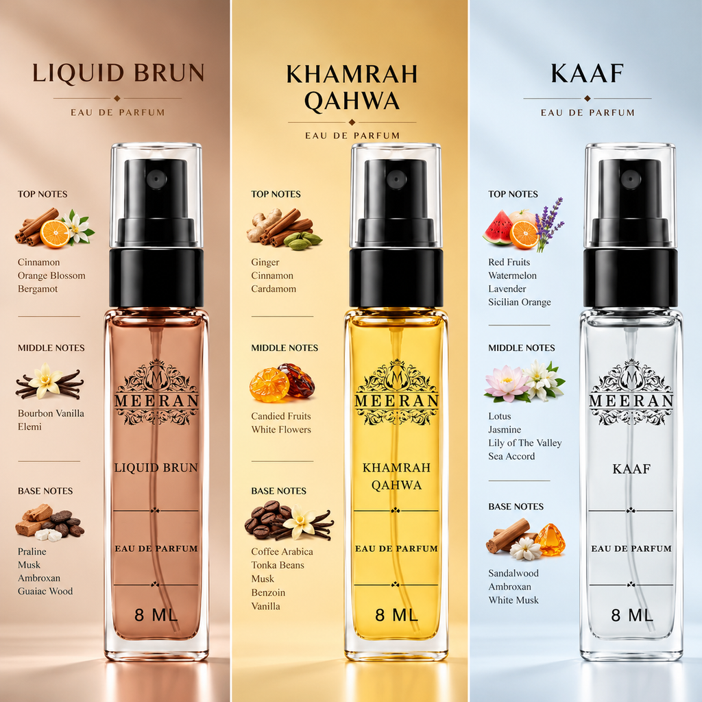 Premium Fragrance Trio Pack –Liquid brun, Khamrah Qahwa, Kaaf | 8ML Each Luxury Perfume Set | Long Lasting Perfume For Men