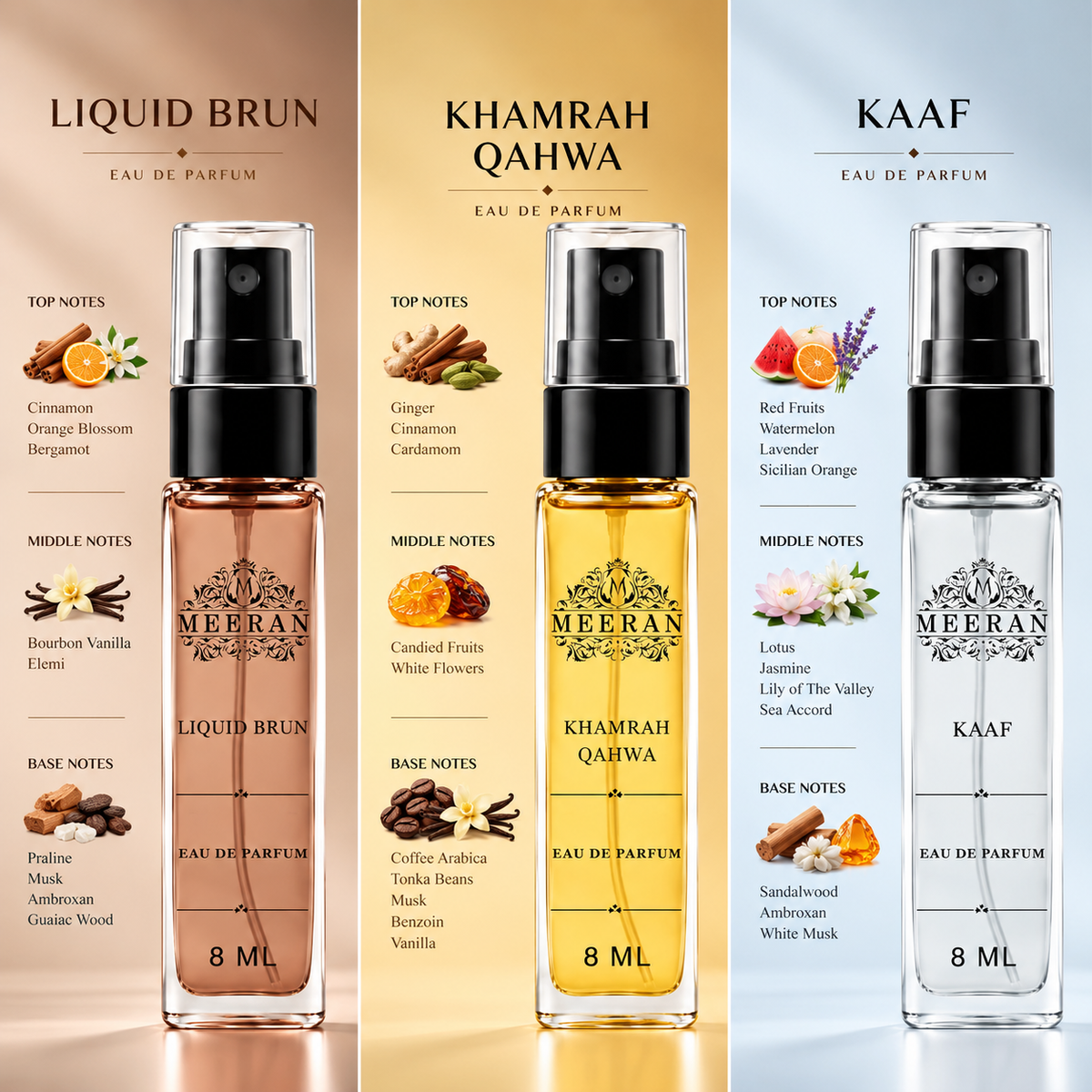 Premium Fragrance Trio Pack –Liquid brun, Khamrah Qahwa, Kaaf | 8ML Each Luxury Perfume Set | Long Lasting Perfume For Men