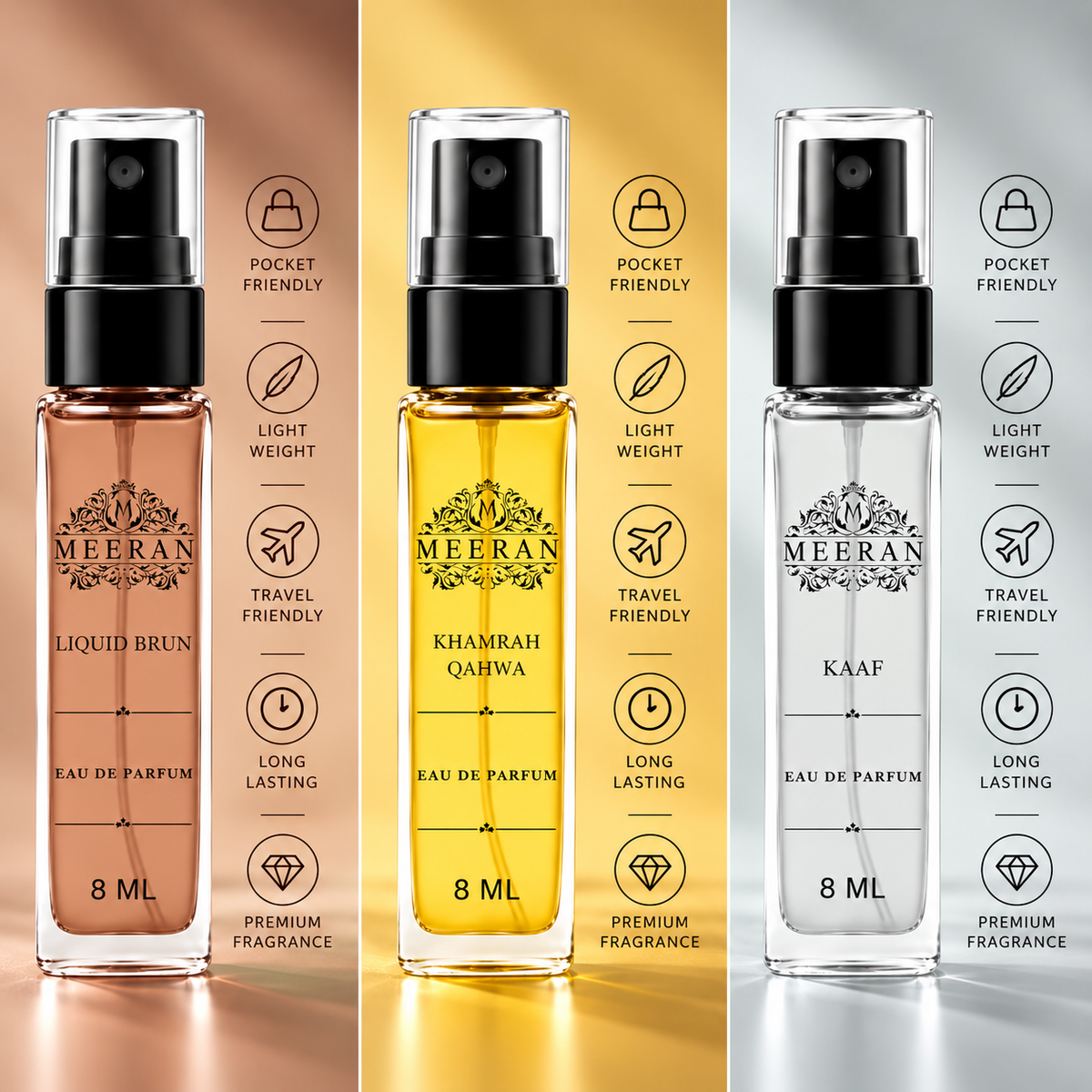 Premium Fragrance Trio Pack –Liquid brun, Khamrah Qahwa, Kaaf | 8ML Each Luxury Perfume Set | Long Lasting Perfume For Men