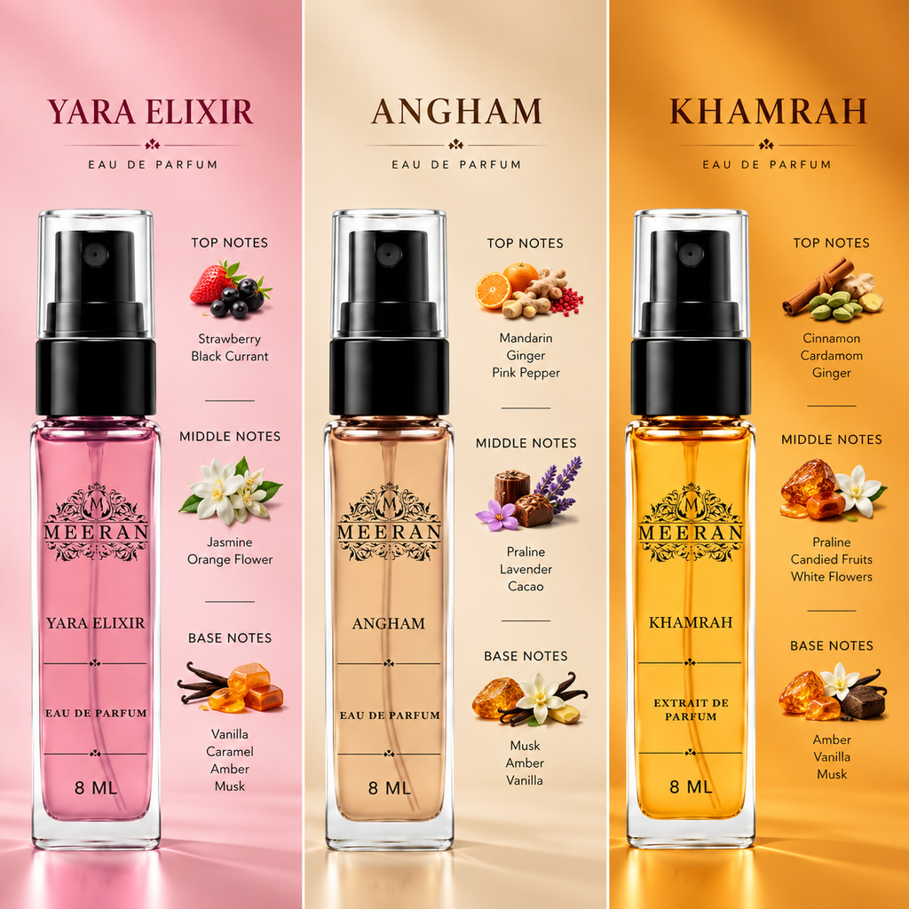 Yara Elixir, Angham & Khamrah (8 ml×3) | Long Lasting Fragrance Gift Set For Women | Travel Perfum | Mini Perfume Set For Women | Luxury Perfume Trio
