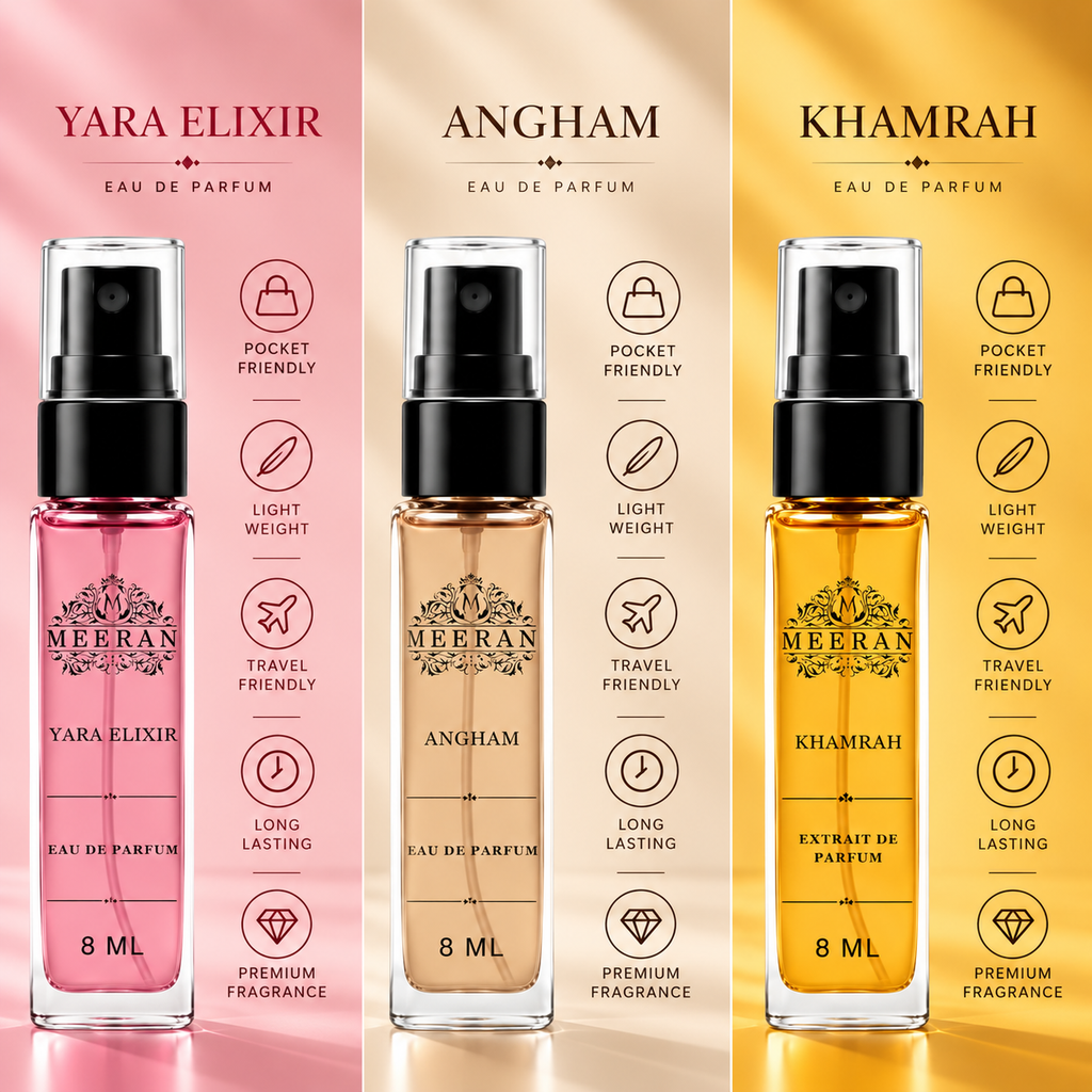 Yara Elixir, Angham & Khamrah (8 ml×3) | Long Lasting Fragrance Gift Set For Women | Travel Perfum | Mini Perfume Set For Women | Luxury Perfume Trio