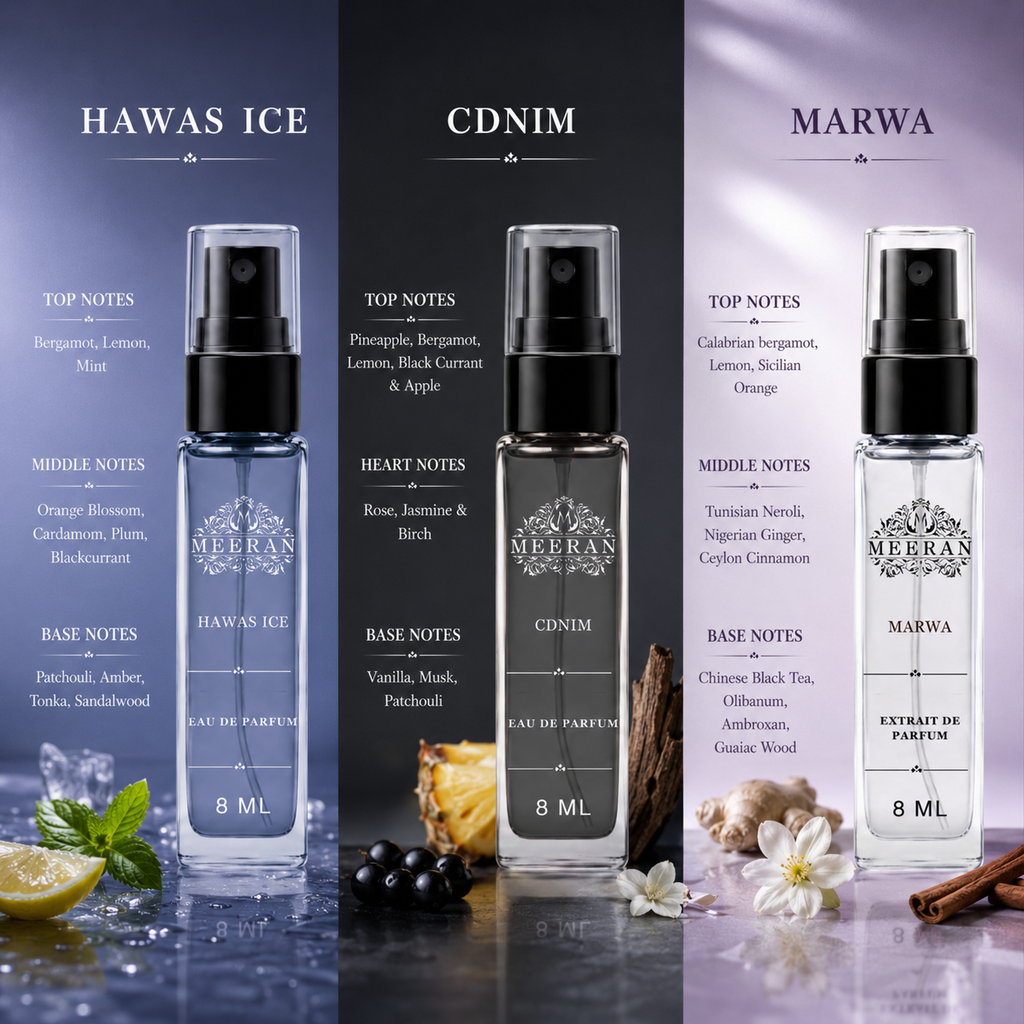 Hawas Ice, CDNIM & Marwa Perfume Trio Pack (8ML Each) | Long Lasting Luxury Pocket Perfume Set for Men | Travel Size Eau De Parfum Mini Fragrance Trio pack