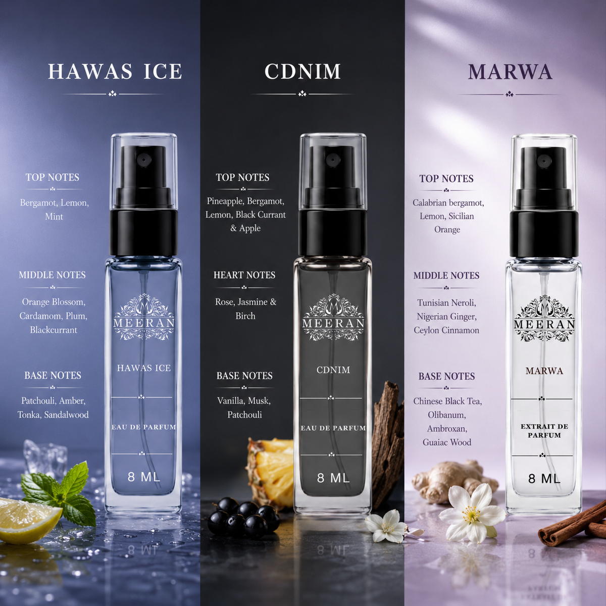 Hawas Ice, CDNIM & Marwa Perfume Trio Pack (8ML Each) | Long Lasting Luxury Pocket Perfume Set for Men | Travel Size Eau De Parfum Mini Fragrance Trio pack