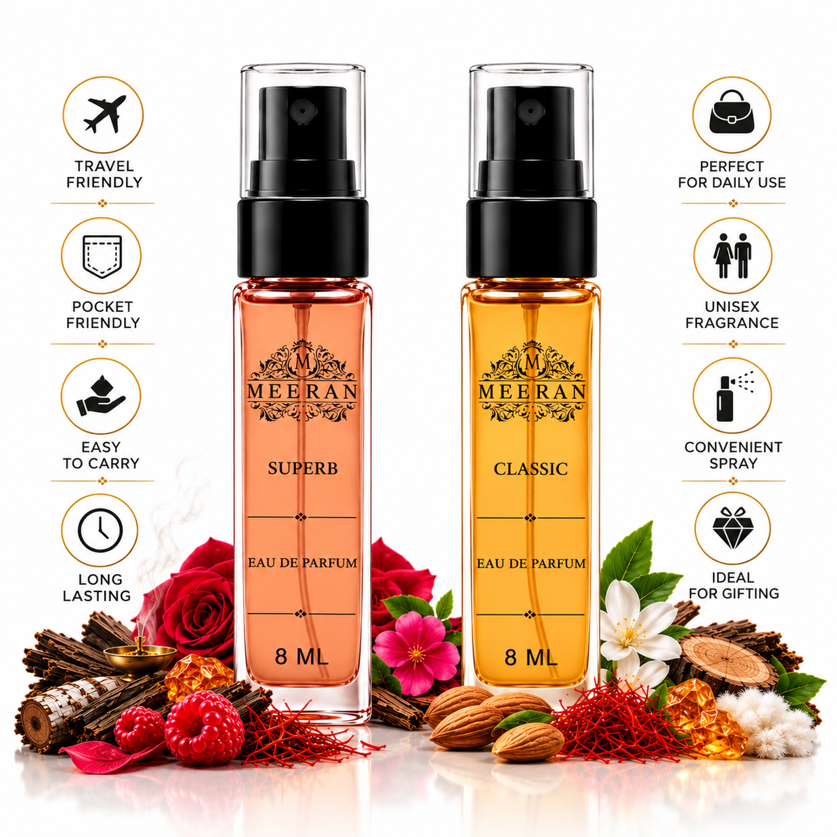 SUPERB & CLASSIC Perfume Gift Set for Men & Women (8ML Each) | Long Lasting Luxury Eau De Parfum Duo Pack | 30% Oil Concentration | Pocket Perfume Travel Size Fragrance Set